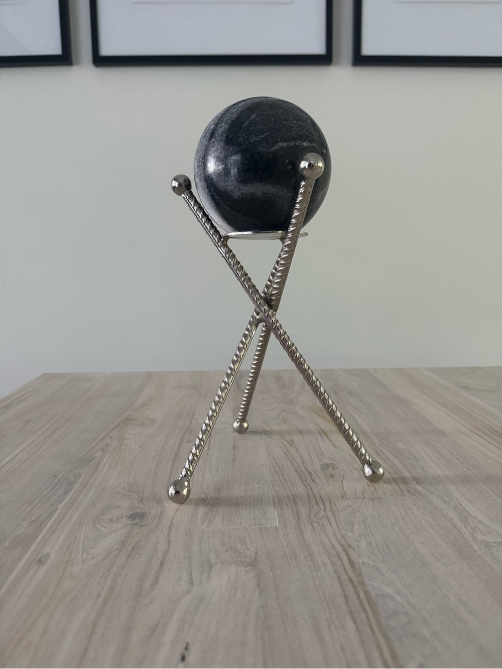 Metal Tripod Sphere Pedestal - Black Marble Accent